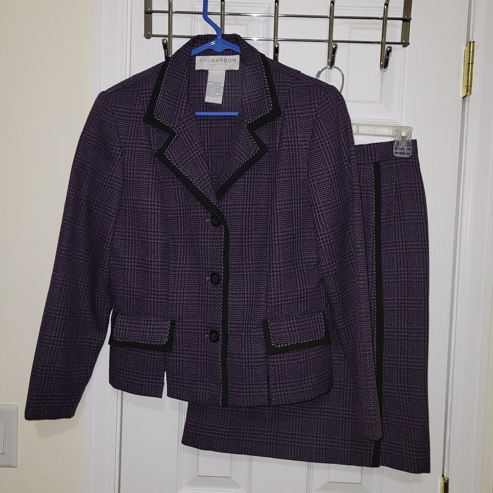 Sag Harbor Petite 6P Skirt Suit Purple Black Tweed Longsleeve‎ Unlined AS IS